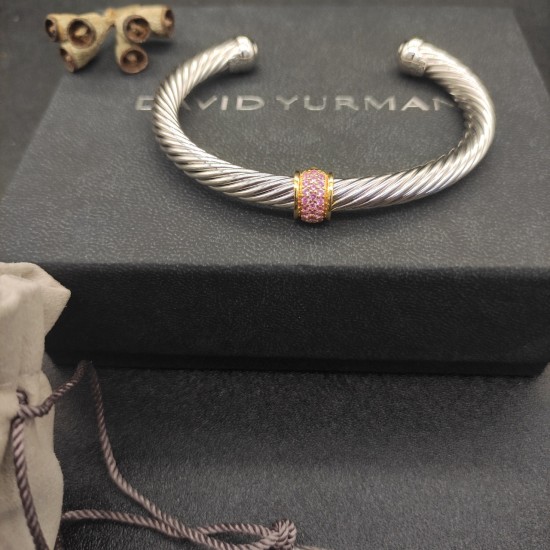 Hl76A20David Yurman 7mm银色金圆珠粉钻手镯。建议适合佩戴的手围16-20cm