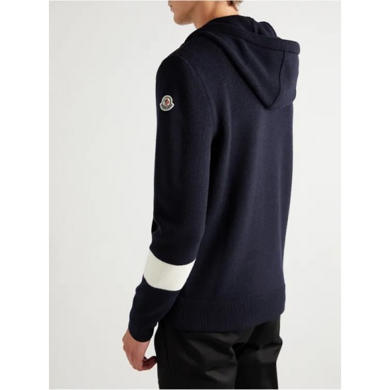 MONCLER Logo-Appliqued Striped Wool and Quilted Shell Down Hooded Zip-Up Cardigan