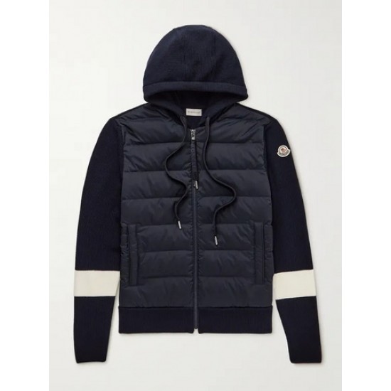 MONCLER Logo-Appliqued Striped Wool and Quilted Shell Down Hooded Zip-Up Cardigan