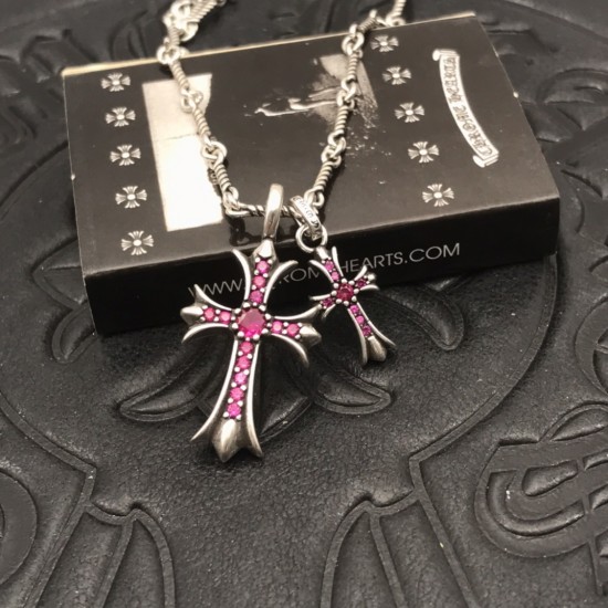 Pink Diamond Distressed Double Cross Necklace