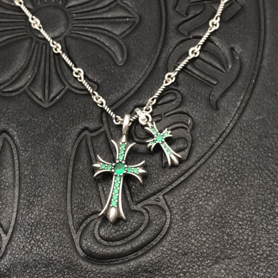 Green Diamond Distressed Double Cross Necklace