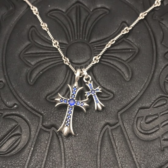 Blue Diamond Distressed Double Cross Necklace