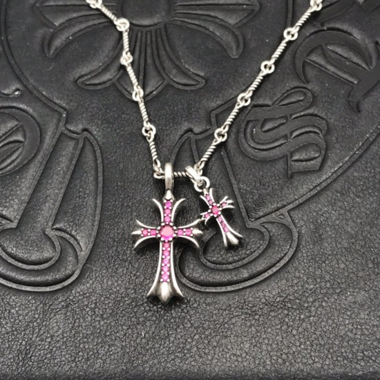 Pink Diamond Distressed Double Cross Necklace