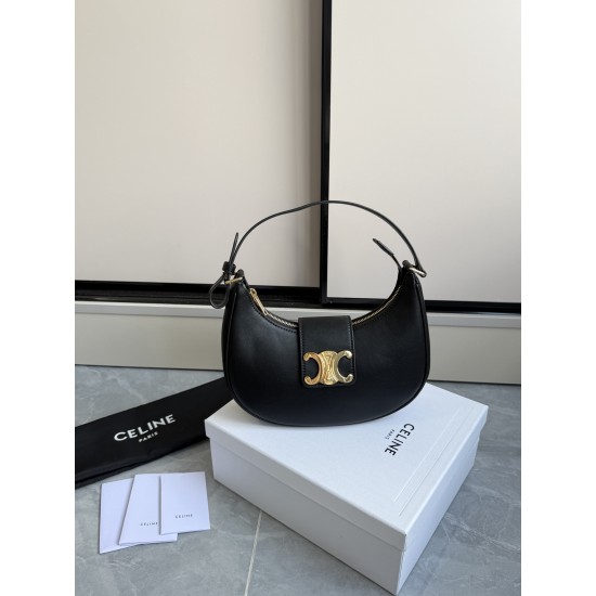 360 AVA moon bag black calf leather lining anti-brushed cowhide hardware using pairs of zp real thick gold plating technology crescent moon bag type with triumphal arch large gold buckle embellishment simple hundred with a sense of high class pull full te