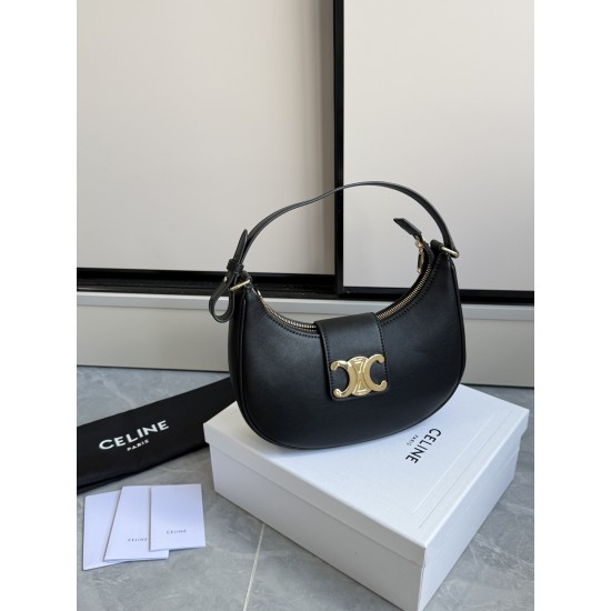 360 AVA moon bag black calf leather lining anti-brushed cowhide hardware using pairs of zp real thick gold plating technology crescent moon bag type with triumphal arch large gold buckle embellishment simple hundred with a sense of high class pull full te