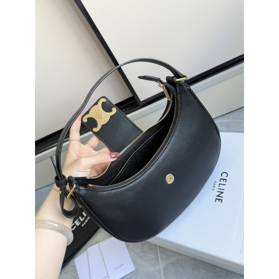 360 AVA moon bag black calf leather lining anti-brushed cowhide hardware using pairs of zp real thick gold plating technology crescent moon bag type with triumphal arch large gold buckle embellishment simple hundred with a sense of high class pull full te