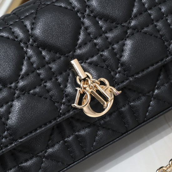 200 WITH BOX LADY DIOR MOBILE POUCH Black with gold claspThe Lady Dior cell phone pouch is elegantly crafted in creamy white sheepskin with a rattan check pattern and a removable light gold finish metal DIOR charm with a detachable chain decorated with re