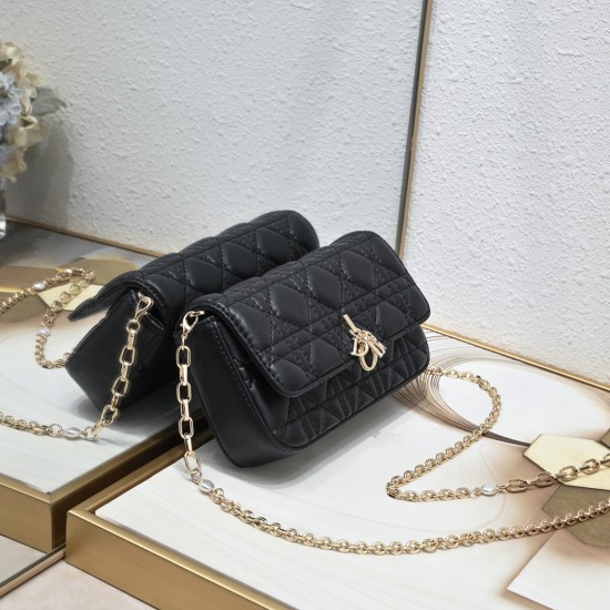 200 WITH BOX LADY DIOR MOBILE POUCH Black with gold claspThe Lady Dior cell phone pouch is elegantly crafted in creamy white sheepskin with a rattan check pattern and a removable light gold finish metal DIOR charm with a detachable chain decorated with re