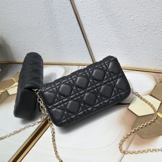 200 WITH BOX LADY DIOR MOBILE POUCH Black with gold claspThe Lady Dior cell phone pouch is elegantly crafted in creamy white sheepskin with a rattan check pattern and a removable light gold finish metal DIOR charm with a detachable chain decorated with re
