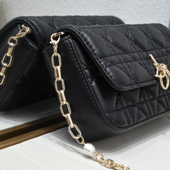 200 WITH BOX LADY DIOR MOBILE POUCH Black with gold claspThe Lady Dior cell phone pouch is elegantly crafted in creamy white sheepskin with a rattan check pattern and a removable light gold finish metal DIOR charm with a detachable chain decorated with re