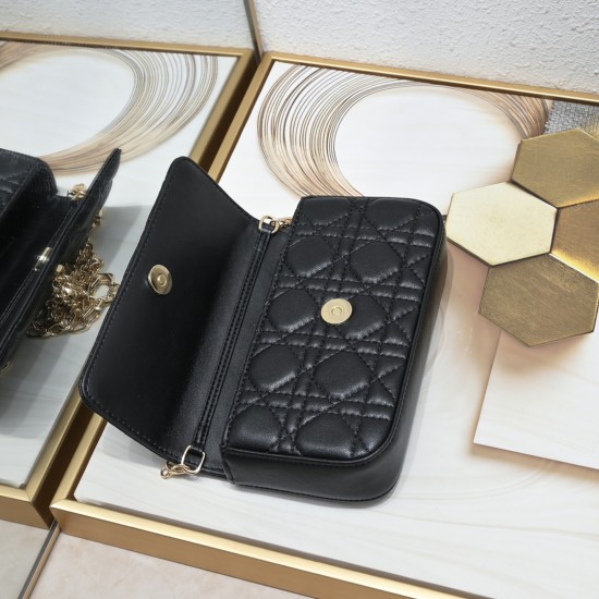 200 WITH BOX LADY DIOR MOBILE POUCH Black with gold claspThe Lady Dior cell phone pouch is elegantly crafted in creamy white sheepskin with a rattan check pattern and a removable light gold finish metal DIOR charm with a detachable chain decorated with re