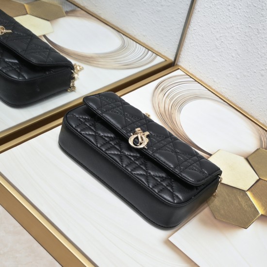 200 WITH BOX LADY DIOR MOBILE POUCH Black with gold claspThe Lady Dior cell phone pouch is elegantly crafted in creamy white sheepskin with a rattan check pattern and a removable light gold finish metal DIOR charm with a detachable chain decorated with re