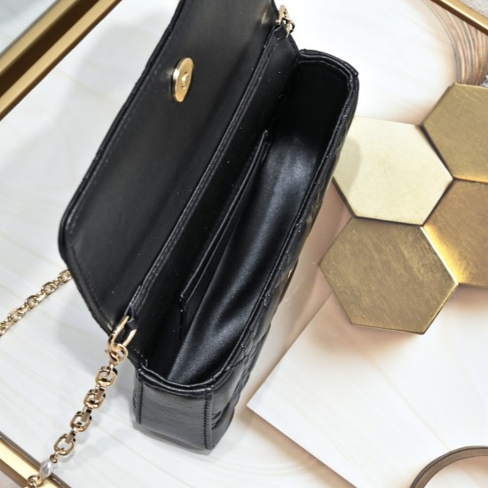 200 WITH BOX LADY DIOR MOBILE POUCH Black with gold claspThe Lady Dior cell phone pouch is elegantly crafted in creamy white sheepskin with a rattan check pattern and a removable light gold finish metal DIOR charm with a detachable chain decorated with re