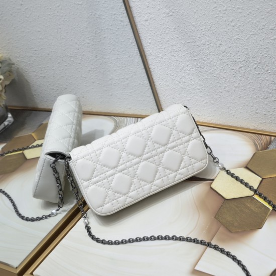 200 WITH BOX LADY DIOR MOBILE PHONE POUCH WHITE GUN CLOSURE This Lady Dior cell phone pouch is elegantly crafted in creamy white sheepskin leather with a rattan check pattern and a removable light gold-tone metal DIOR charm with a detachable chain adorned