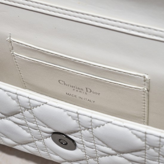 200 WITH BOX LADY DIOR MOBILE PHONE POUCH WHITE GUN CLOSURE This Lady Dior cell phone pouch is elegantly crafted in creamy white sheepskin leather with a rattan check pattern and a removable light gold-tone metal DIOR charm with a detachable chain adorned