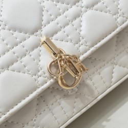 200 WITH BOX LADY DIOR MOBILE PHONE POUCH WHITE GOLD BUCKLE This Lady Dior cell phone pouch is elegantly crafted in creamy white sheepskin leather with a rattan check pattern and a removable light gold finish metal DIOR charm with a detachable chain adorn