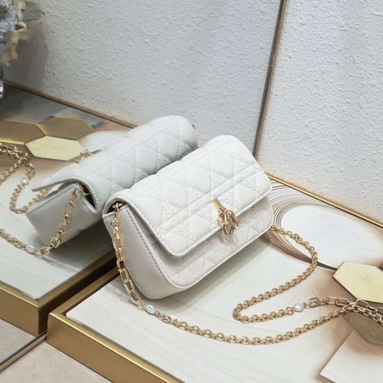 200 WITH BOX LADY DIOR MOBILE PHONE POUCH WHITE GOLD BUCKLE This Lady Dior cell phone pouch is elegantly crafted in creamy white sheepskin leather with a rattan check pattern and a removable light gold finish metal DIOR charm with a detachable chain adorn