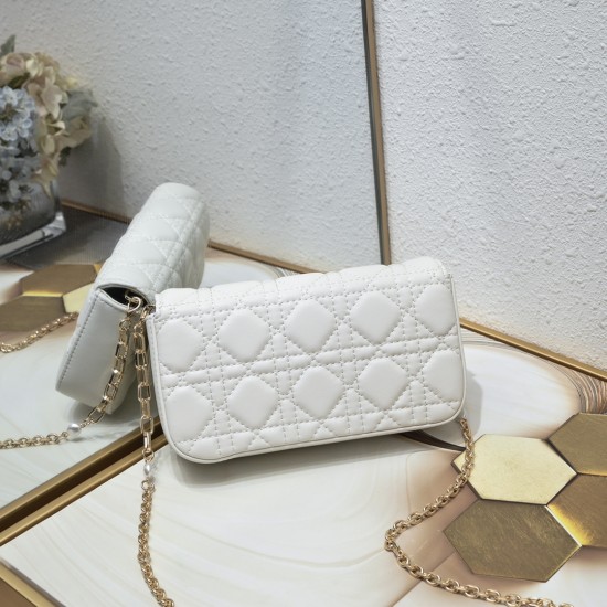 200 WITH BOX LADY DIOR MOBILE PHONE POUCH WHITE GOLD BUCKLE This Lady Dior cell phone pouch is elegantly crafted in creamy white sheepskin leather with a rattan check pattern and a removable light gold finish metal DIOR charm with a detachable chain adorn