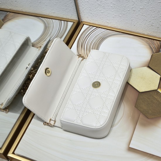 200 WITH BOX LADY DIOR MOBILE PHONE POUCH WHITE GOLD BUCKLE This Lady Dior cell phone pouch is elegantly crafted in creamy white sheepskin leather with a rattan check pattern and a removable light gold finish metal DIOR charm with a detachable chain adorn
