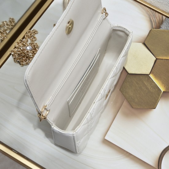 200 WITH BOX LADY DIOR MOBILE PHONE POUCH WHITE GOLD BUCKLE This Lady Dior cell phone pouch is elegantly crafted in creamy white sheepskin leather with a rattan check pattern and a removable light gold finish metal DIOR charm with a detachable chain adorn