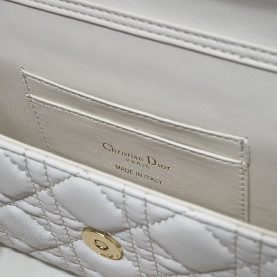 200 WITH BOX LADY DIOR MOBILE PHONE POUCH WHITE GOLD BUCKLE This Lady Dior cell phone pouch is elegantly crafted in creamy white sheepskin leather with a rattan check pattern and a removable light gold finish metal DIOR charm with a detachable chain adorn