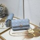 200 WITH BOX LADY DIOR MOBILE PHONE POUCH BLUE GOLD BUCKLE This Lady Dior cell phone pouch is elegantly crafted in creamy white sheepskin leather with rattan check pattern and removable light gold finish metal DIOR charm and detachable chain with resin be