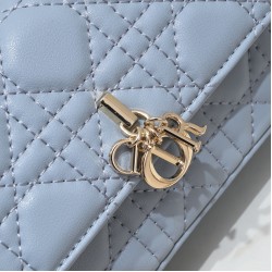 200 WITH BOX LADY DIOR MOBILE PHONE POUCH BLUE GOLD BUCKLE This Lady Dior cell phone pouch is elegantly crafted in creamy white sheepskin leather with rattan check pattern and removable light gold finish metal DIOR charm and detachable chain with resin be