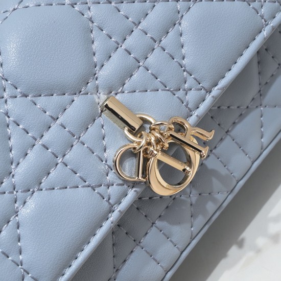 200 WITH BOX LADY DIOR MOBILE PHONE POUCH BLUE GOLD BUCKLE This Lady Dior cell phone pouch is elegantly crafted in creamy white sheepskin leather with rattan check pattern and removable light gold finish metal DIOR charm and detachable chain with resin be