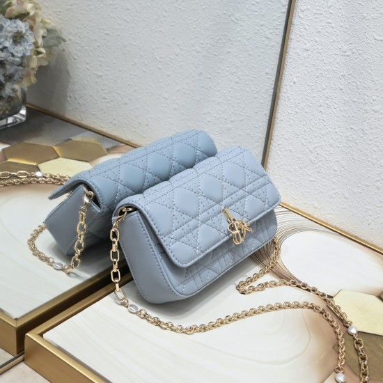 200 WITH BOX LADY DIOR MOBILE PHONE POUCH BLUE GOLD BUCKLE This Lady Dior cell phone pouch is elegantly crafted in creamy white sheepskin leather with rattan check pattern and removable light gold finish metal DIOR charm and detachable chain with resin be