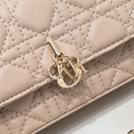 200 WITH BOX LADY DIOR MOBILE POUCH Almond with gold claspThis Lady Dior cell phone pouch is elegantly crafted in creamy white sheepskin leather with rattan check pattern and removable light gold finish metal DIOR charm with detachable chain with resin be