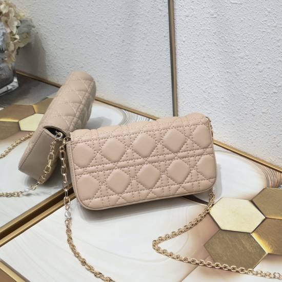 200 WITH BOX LADY DIOR MOBILE POUCH Almond with gold claspThis Lady Dior cell phone pouch is elegantly crafted in creamy white sheepskin leather with rattan check pattern and removable light gold finish metal DIOR charm with detachable chain with resin be