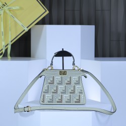 360 model 33208 the iconic peekaboo iseeu ideal compact handbag is hand stitched with 306 stitches in the same color with large bright threads representing traditional selleria craftsmanship in a selection of dove grey cuoio romano leather with signature 