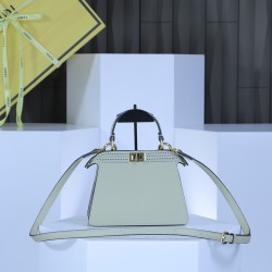 360 model 33208 the iconic peekaboo iseeu ideal compact handbag is hand stitched with 306 stitches in the same color with large bright threads representing traditional selleria craftsmanship in a selection of dove grey cuoio romano leather with signature 