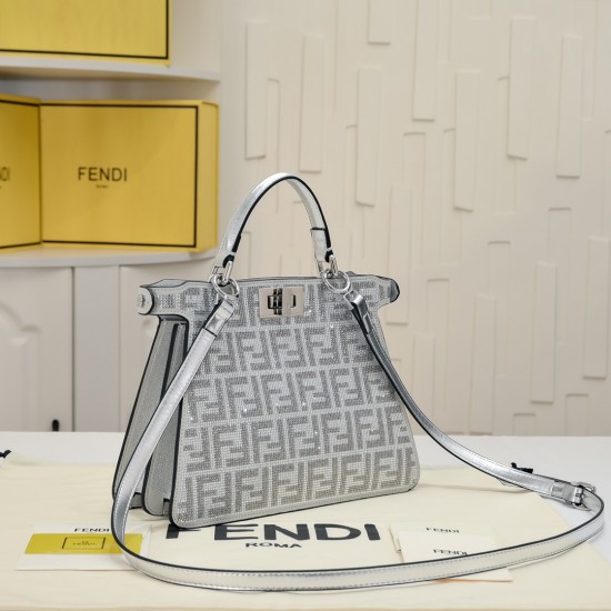 270 Model 7733 Medium Double F Diamond Kitten Bag Fendi Peekaboo ISeeU Petite Kitten Bag Silver Faux Crystals FF Pattern Iconic Peekaboo ISeeU Bag Compact and attractive suede with full width embellishment of small faux crystals and multi-faceted studs in