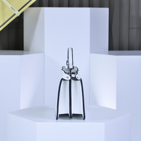 350 model 33208 the iconic peekaboo iseeu ideal compact handbag is hand stitched with 306 stitches in the same color with large bright threads representing traditional selleria craftsmanship in a selection of dove grey cuoio romano leather with signature 