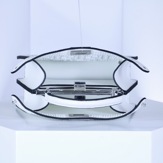 350 model 33208 the iconic peekaboo iseeu ideal compact handbag is hand stitched with 306 stitches in the same color with large bright threads representing traditional selleria craftsmanship in a selection of dove grey cuoio romano leather with signature 