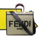 Lot 330FEND1 Sunshine medium tote bag in denim with FENDI Mirror pattern all over brown hard leather handles decorated with FENDI ROMA features spacious lined interior compartments with leather silhouette and gold-tone finish metal pieces with two carry h