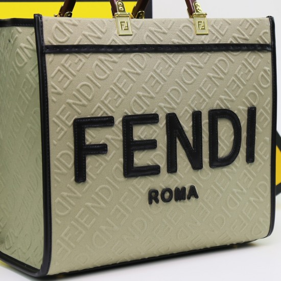 Lot 330FEND1 Sunshine medium tote bag in denim with FENDI Mirror pattern all over brown hard leather handles decorated with FENDI ROMA features spacious lined interior compartments with leather silhouette and gold-tone finish metal pieces with two carry h