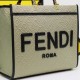 Lot 330FEND1 Sunshine medium tote bag in denim with FENDI Mirror pattern all over brown hard leather handles decorated with FENDI ROMA features spacious lined interior compartments with leather silhouette and gold-tone finish metal pieces with two carry h