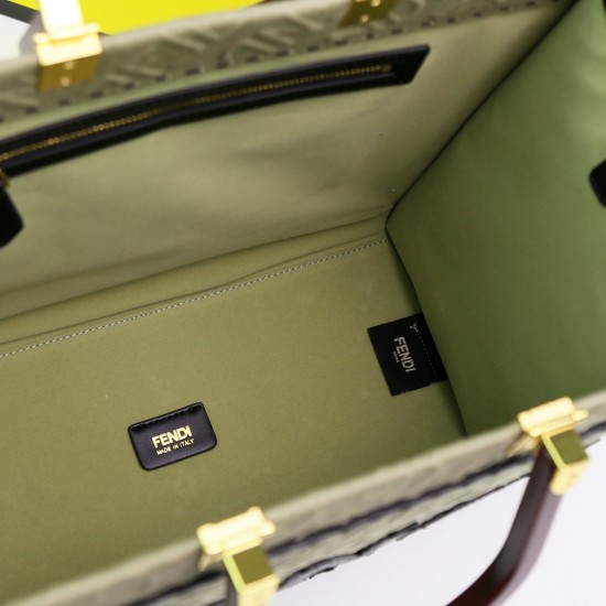 Lot 330FEND1 Sunshine medium tote bag in denim with FENDI Mirror pattern all over brown hard leather handles decorated with FENDI ROMA features spacious lined interior compartments with leather silhouette and gold-tone finish metal pieces with two carry h