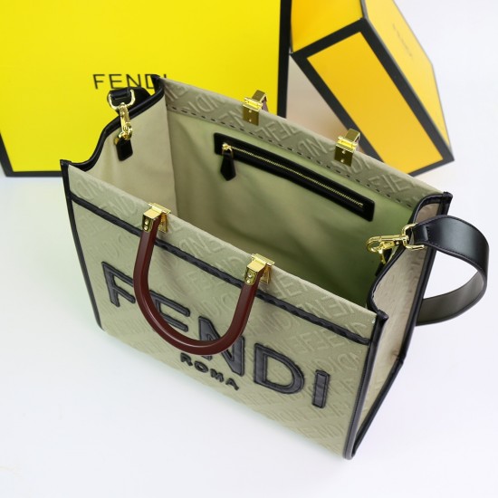 Lot 330FEND1 Sunshine medium tote bag in denim with FENDI Mirror pattern all over brown hard leather handles decorated with FENDI ROMA features spacious lined interior compartments with leather silhouette and gold-tone finish metal pieces with two carry h
