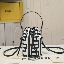 170 Model No. 8950Fendi Roma capsule collectionTwo-tone print Mon Tresor small bucket bag in black and whiteFendi Roma logo reinterpreted by Marc Jacobs in a full-length oversized shapeLined interior and silver-tone finishMetal pieces with Fendi Roma Marc