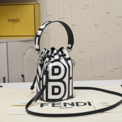 170 Model No. 8950Fendi Roma capsule collectionTwo-tone print Mon Tresor small bucket bag in black and whiteFendi Roma logo reinterpreted by Marc Jacobs in a full-length oversized shapeLined interior and silver-tone finishMetal pieces with Fendi Roma Marc