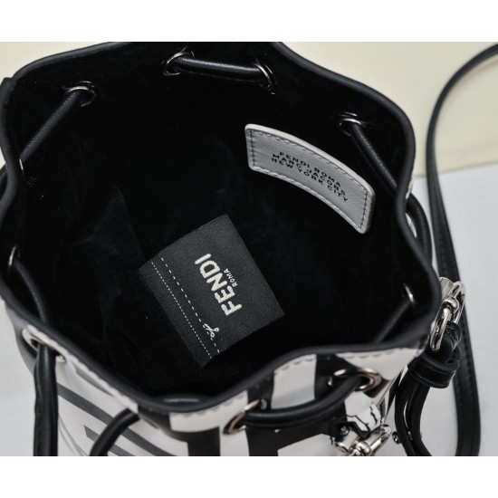 170 Model No. 8950Fendi Roma capsule collectionTwo-tone print Mon Tresor small bucket bag in black and whiteFendi Roma logo reinterpreted by Marc Jacobs in a full-length oversized shapeLined interior and silver-tone finishMetal pieces with Fendi Roma Marc