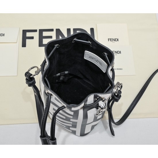 170 Model No. 8950Fendi Roma capsule collectionTwo-tone print Mon Tresor small bucket bag in black and whiteFendi Roma logo reinterpreted by Marc Jacobs in a full-length oversized shapeLined interior and silver-tone finishMetal pieces with Fendi Roma Marc