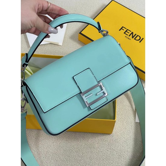 The new Fendi X TiffanyCo Limited Edition Baguette is a classic medium-sized baguette bag made of classic Tiffany BlueTM smooth cowhide leather. The FF hook and loop closure is made of sterling silver with Tiffany BlueTM3 enamel detailing depicting the do