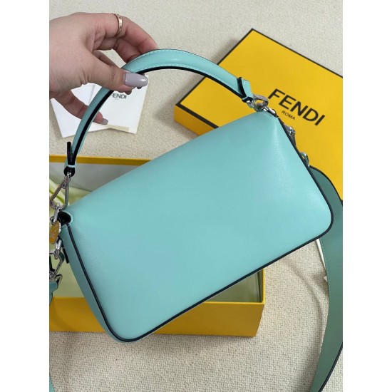 The new Fendi X TiffanyCo Limited Edition Baguette is a classic medium-sized baguette bag made of classic Tiffany BlueTM smooth cowhide leather. The FF hook and loop closure is made of sterling silver with Tiffany BlueTM3 enamel detailing depicting the do