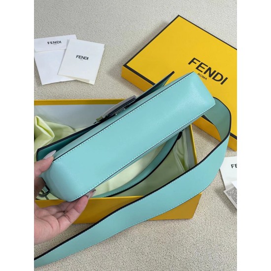 The new Fendi X TiffanyCo Limited Edition Baguette is a classic medium-sized baguette bag made of classic Tiffany BlueTM smooth cowhide leather. The FF hook and loop closure is made of sterling silver with Tiffany BlueTM3 enamel detailing depicting the do