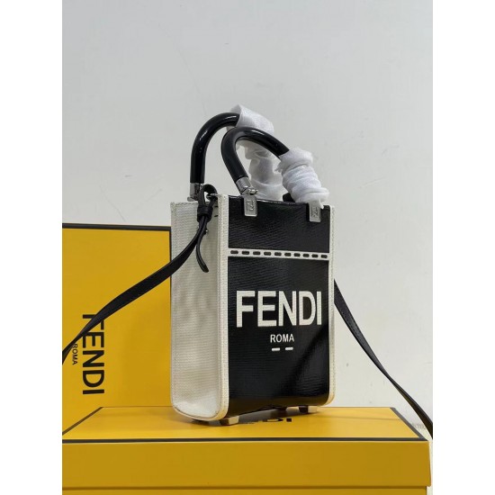 Upgraded batch 320Sunshine mini tote lacquer leather engraved with FENDI ROMA display natural canvas backing brown plexiglass hard handles with spacious canvas mini tote with a AII White immediately become the only highlight of the body spring chic can no