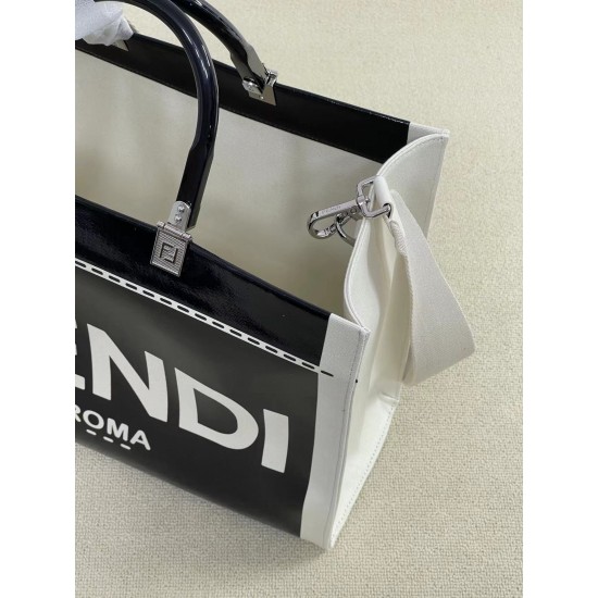 Upgraded batch 430 again arrived Sunshine Medium Tote patent leather engraved with FENDI ROMA display natural canvas backing brown plexiglass hard hand FI TOTE Tote Sunshine Tote simple letters LOGO design single twisted on the very aura also does not str